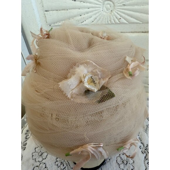 Vintage 40\'s Net/Tulle/flower Turban Style Hat Beige main image 10